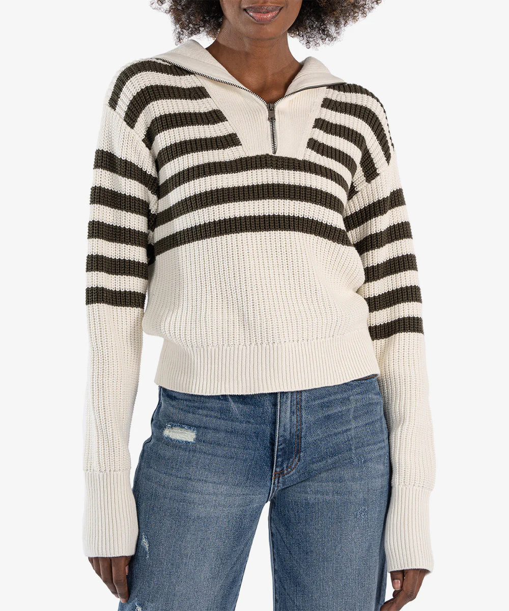 Noley Stripe Zip Front Sweater in Off White & Olive Knit Fabric Woven Fabric Fleece Fabric Noley Stripe Zip Front Sweater in Off White & Olive Knit Fabric Woven Fabric Fleece Fabric