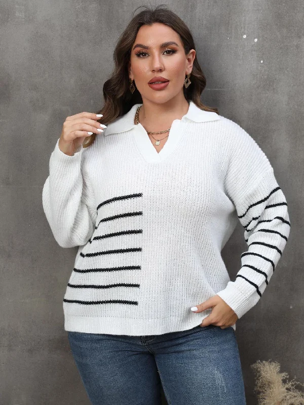 Striped V-Neck Sweater for Curve and Plus Size Women