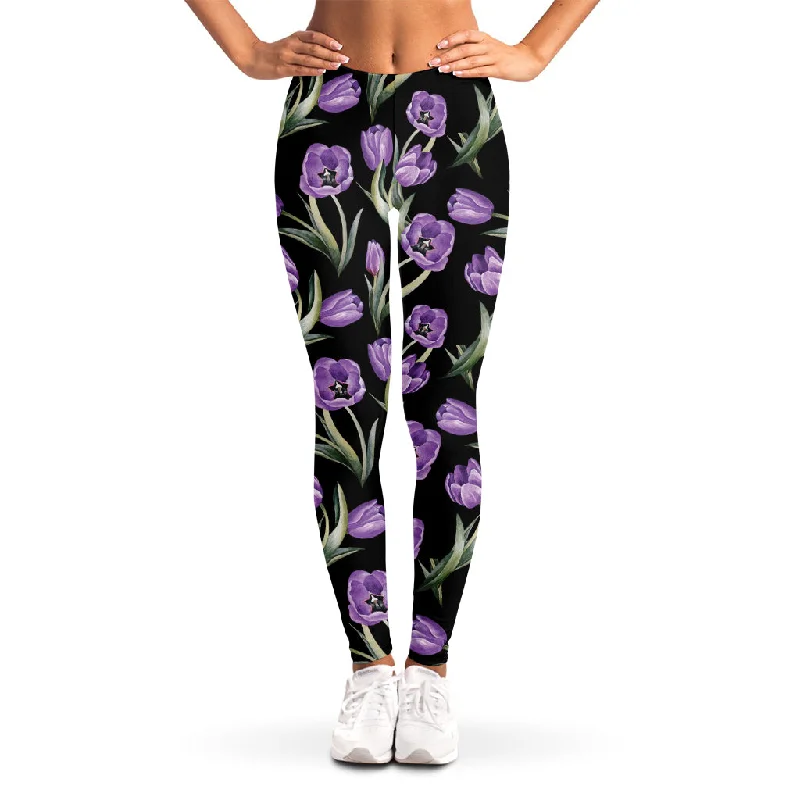 Purple Watercolor Tulip Pattern Print Women's Leggings Fashionable Sports Compression Leggings Purple Watercolor Tulip Pattern Print Women's Leggings Fashionable Sports Compression Leggings