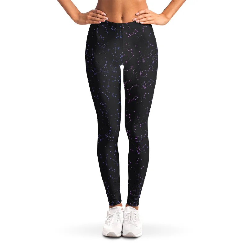 Purple Zodiac Stars Pattern Print Women's Leggings Elegant Shiny Black Leggings