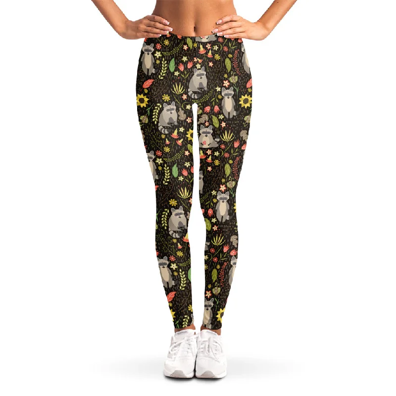 Raccoon And Floral Pattern Print Women's Leggings Cozy Ribbed Leggings