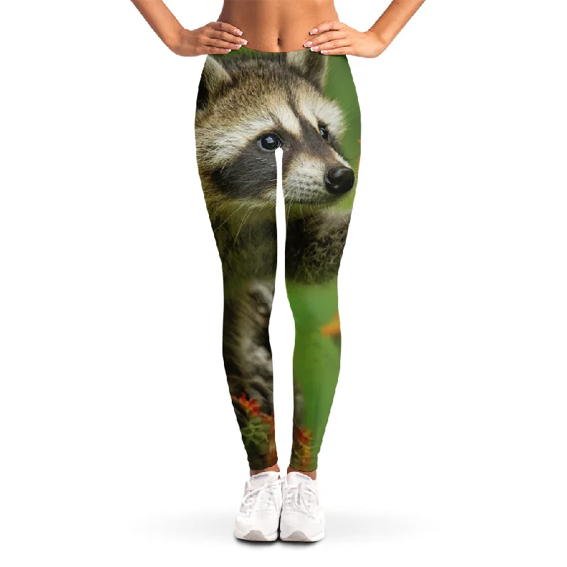Raccoon And Flower Print Women's Leggings Trendy Mesh Leggings