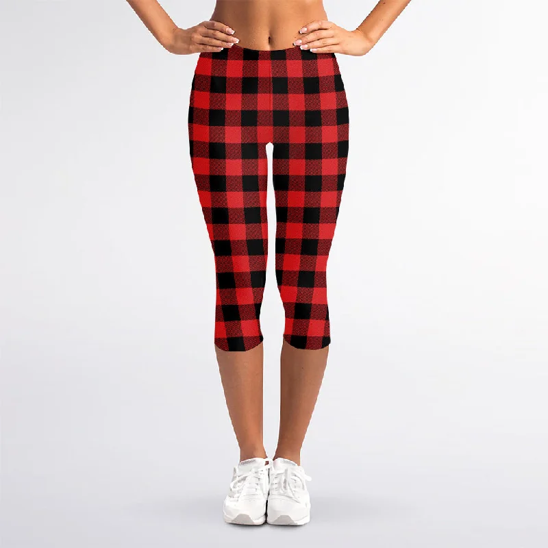Red And Black Buffalo Plaid Print Women's Capri Leggings Trendy Sporty Compression Leggings Red And Black Buffalo Plaid Print Women's Capri Leggings Trendy Sporty Compression Leggings