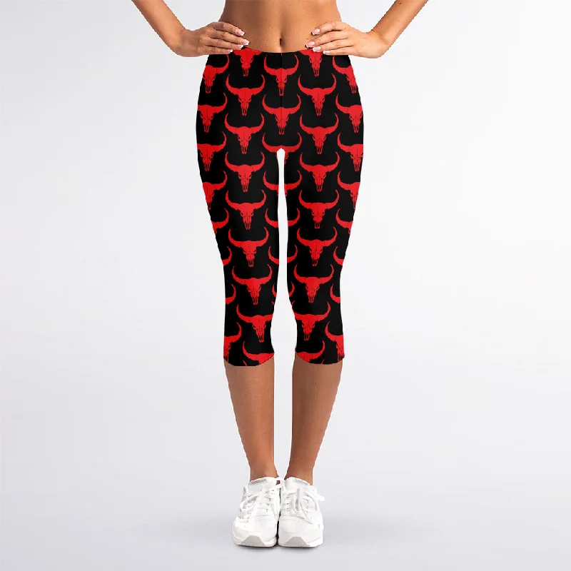 Red And Black Bull Skull Pattern Print Women's Capri Leggings Stylish Sweatproof Leggings Red And Black Bull Skull Pattern Print Women's Capri Leggings Stylish Sweatproof Leggings