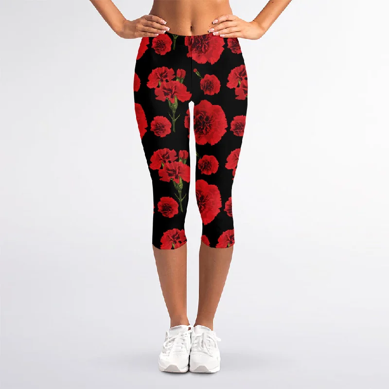 Red And Black Carnation Pattern Print Women's Capri Leggings Cozy Oversized Leggings Red And Black Carnation Pattern Print Women's Capri Leggings Cozy Oversized Leggings