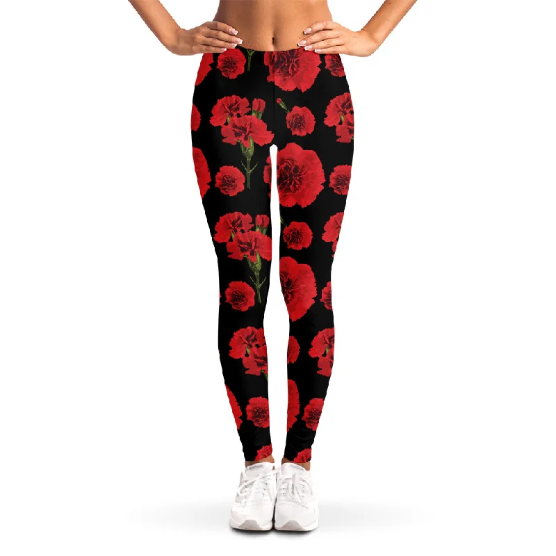 Red And Black Carnation Pattern Print Women's Leggings Comfortable Fleece-Lined Leggings Red And Black Carnation Pattern Print Women's Leggings Comfortable Fleece-Lined Leggings