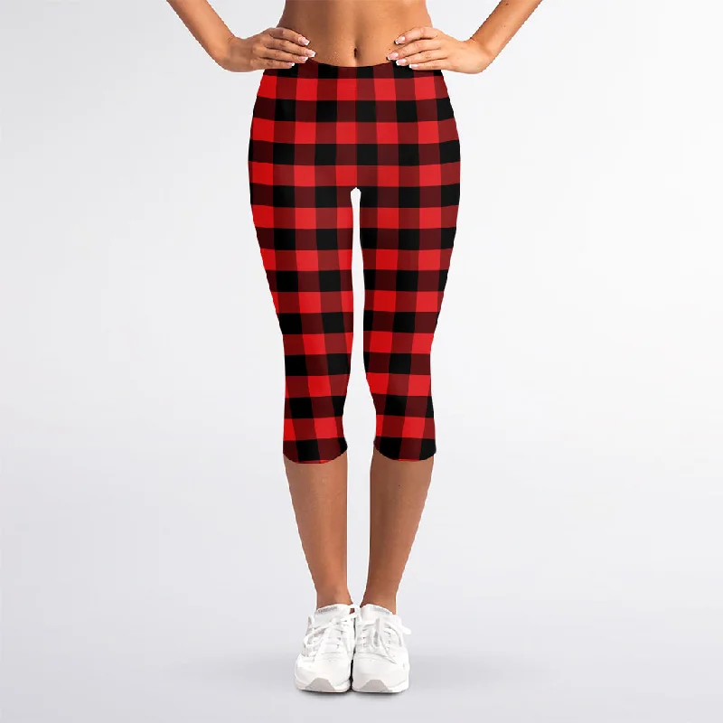 Red And Black Check Pattern Print Women's Capri Leggings Comfortable Zip-Up Leggings Red And Black Check Pattern Print Women's Capri Leggings Comfortable Zip-Up Leggings