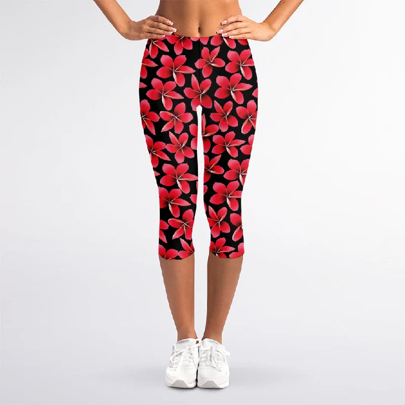 Red And Black Frangipani Pattern Print Women's Capri Leggings Trendy Fitness Leggings Red And Black Frangipani Pattern Print Women's Capri Leggings Trendy Fitness Leggings