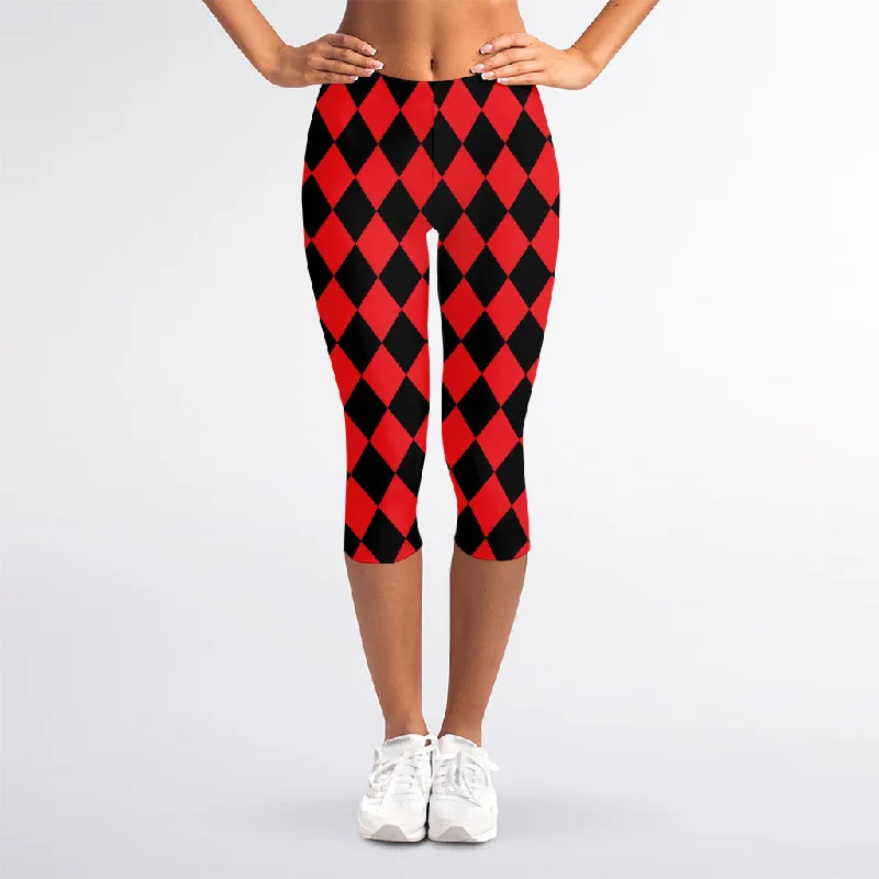 Red And Black Harlequin Pattern Print Women's Capri Leggings Trendy Black Mesh Leggings Red And Black Harlequin Pattern Print Women's Capri Leggings Trendy Black Mesh Leggings