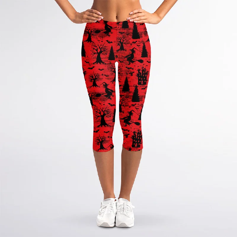 Red And Black Horror Witch Pattern Print Women's Capri Leggings Chic Printed Yoga Pants Red And Black Horror Witch Pattern Print Women's Capri Leggings Chic Printed Yoga Pants