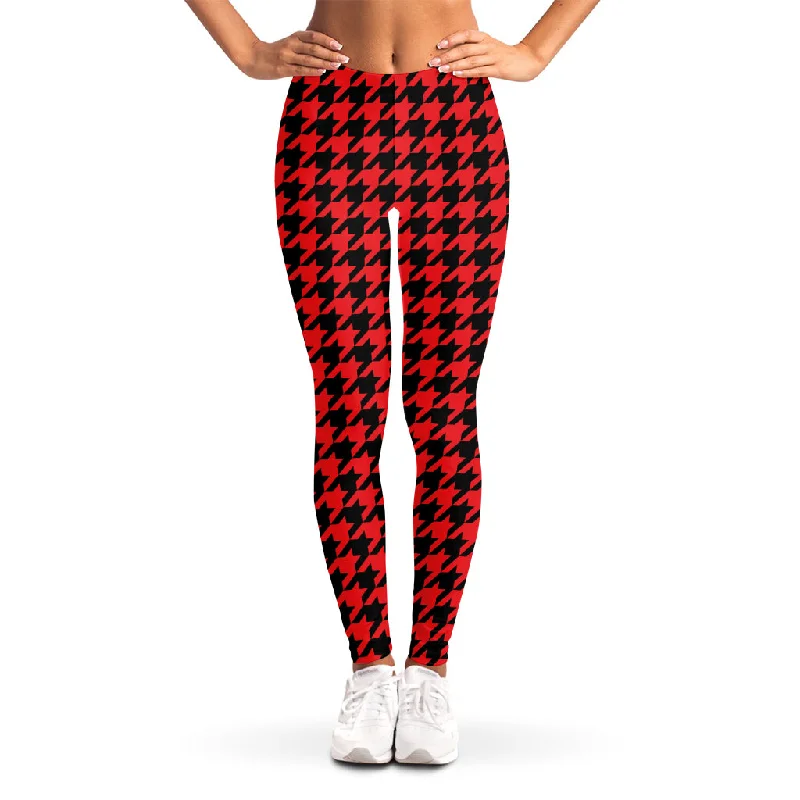 Red And Black Houndstooth Pattern Print Women's Leggings Elegant Casual Fit Leggings Red And Black Houndstooth Pattern Print Women's Leggings Elegant Casual Fit Leggings