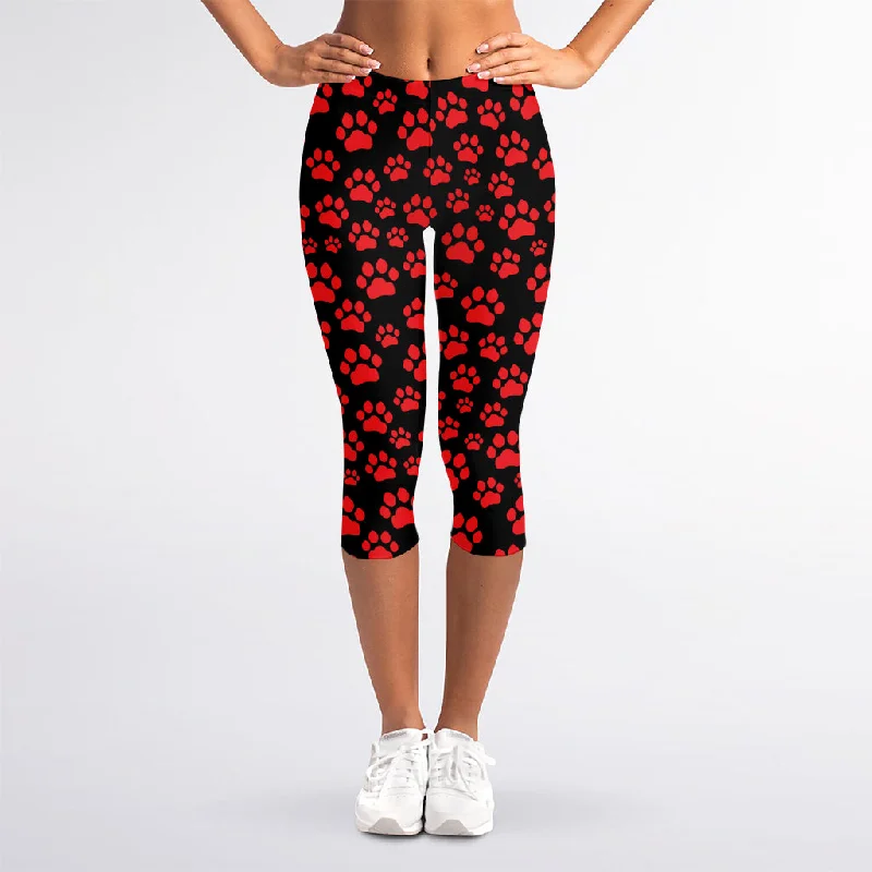 Red And Black Paw Pattern Print Women's Capri Leggings Fashionable Solid Color Tights Red And Black Paw Pattern Print Women's Capri Leggings Fashionable Solid Color Tights