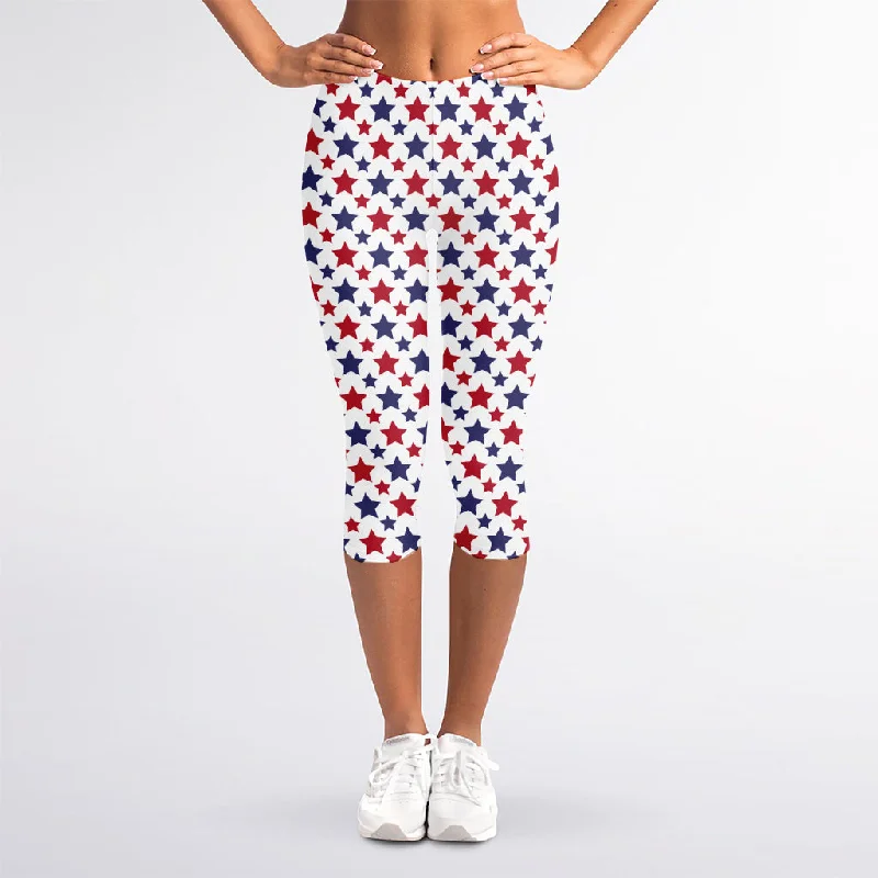 Red And Blue American Star Pattern Print Women's Capri Leggings Stylish Pockets Active Leggings Red And Blue American Star Pattern Print Women's Capri Leggings Stylish Pockets Active Leggings