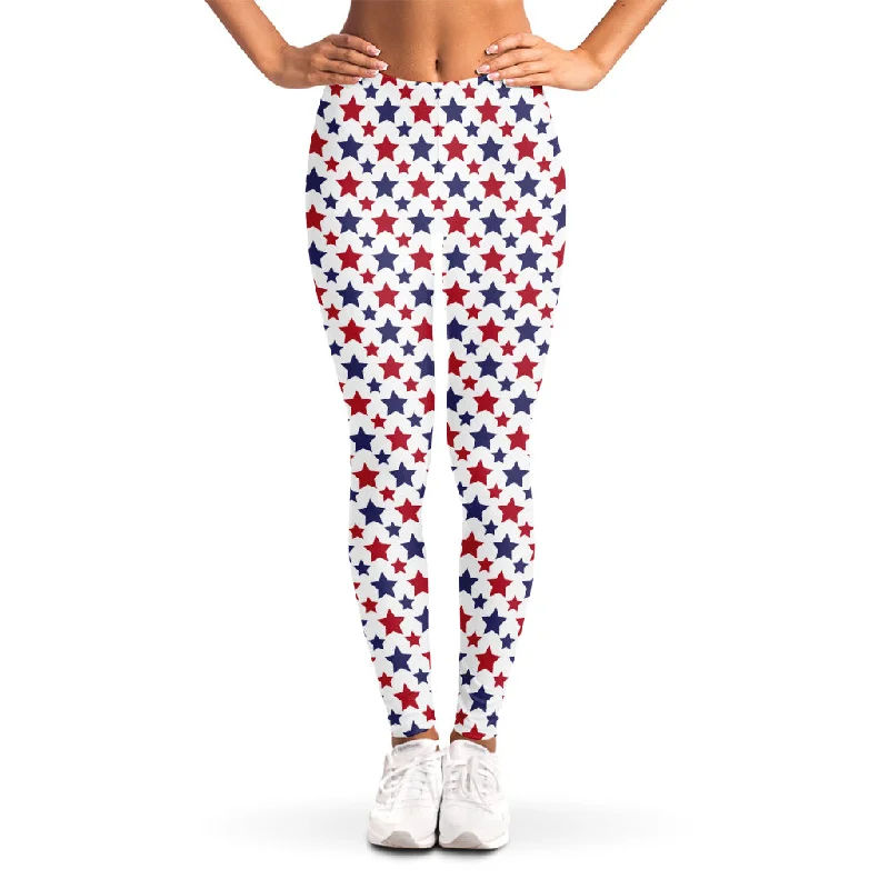 Red And Blue American Star Pattern Print Women's Leggings Trendy Leather-Look Workout Leggings Red And Blue American Star Pattern Print Women's Leggings Trendy Leather-Look Workout Leggings