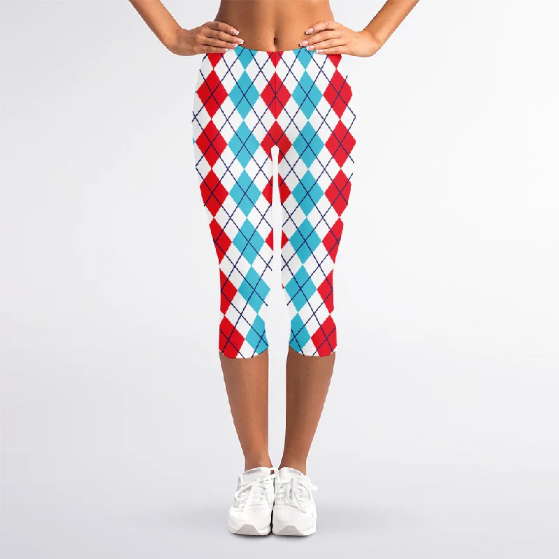 Red And Blue Argyle Pattern Print Women's Capri Leggings Comfortable Slip-On Leggings Red And Blue Argyle Pattern Print Women's Capri Leggings Comfortable Slip-On Leggings
