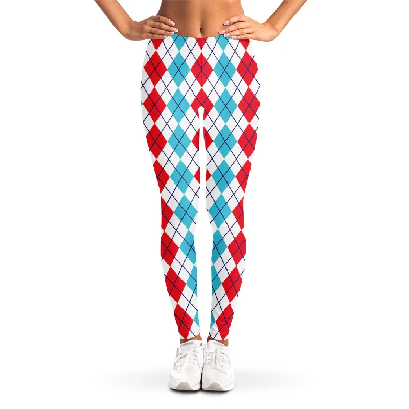 Red And Blue Argyle Pattern Print Women's Leggings Cozy Yoga Compression Leggings