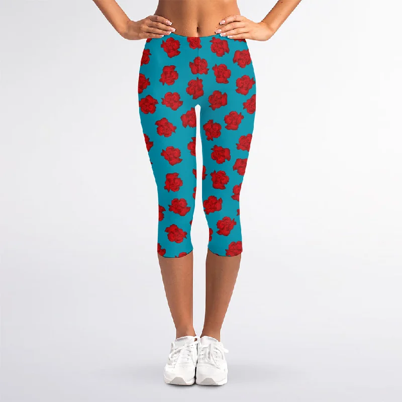 Red And Blue Carnation Pattern Print Women's Capri Leggings Comfortable Yoga Tights Leggings Red And Blue Carnation Pattern Print Women's Capri Leggings Comfortable Yoga Tights Leggings