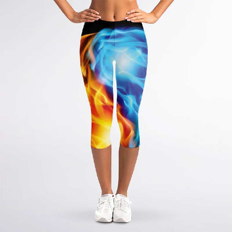 Red And Blue Fire Yin Yang Print Women's Capri Leggings Cozy Full-Length Workout Leggings Red And Blue Fire Yin Yang Print Women's Capri Leggings Cozy Full-Length Workout Leggings