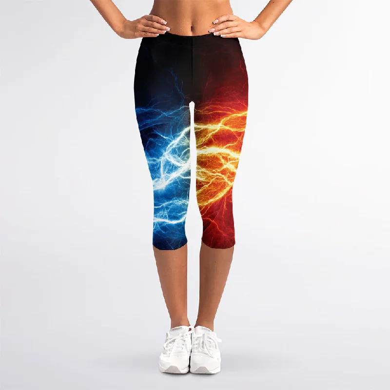 Red And Blue Lightning Print Women's Capri Leggings Comfortable Workout Fitness Leggings Red And Blue Lightning Print Women's Capri Leggings Comfortable Workout Fitness Leggings
