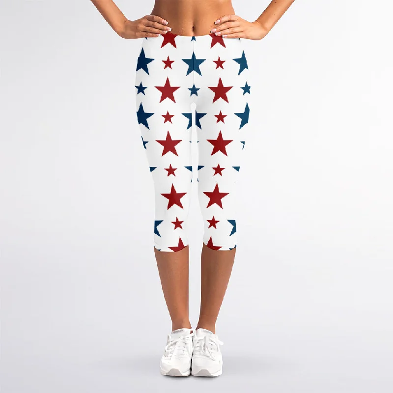 Red And Blue USA Star Pattern Print Women's Capri Leggings Fashionable Seamless Leggings Red And Blue USA Star Pattern Print Women's Capri Leggings Fashionable Seamless Leggings