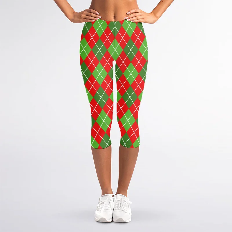 Red And Green Argyle Pattern Print Women's Capri Leggings Chic Floral Print Leggings Red And Green Argyle Pattern Print Women's Capri Leggings Chic Floral Print Leggings