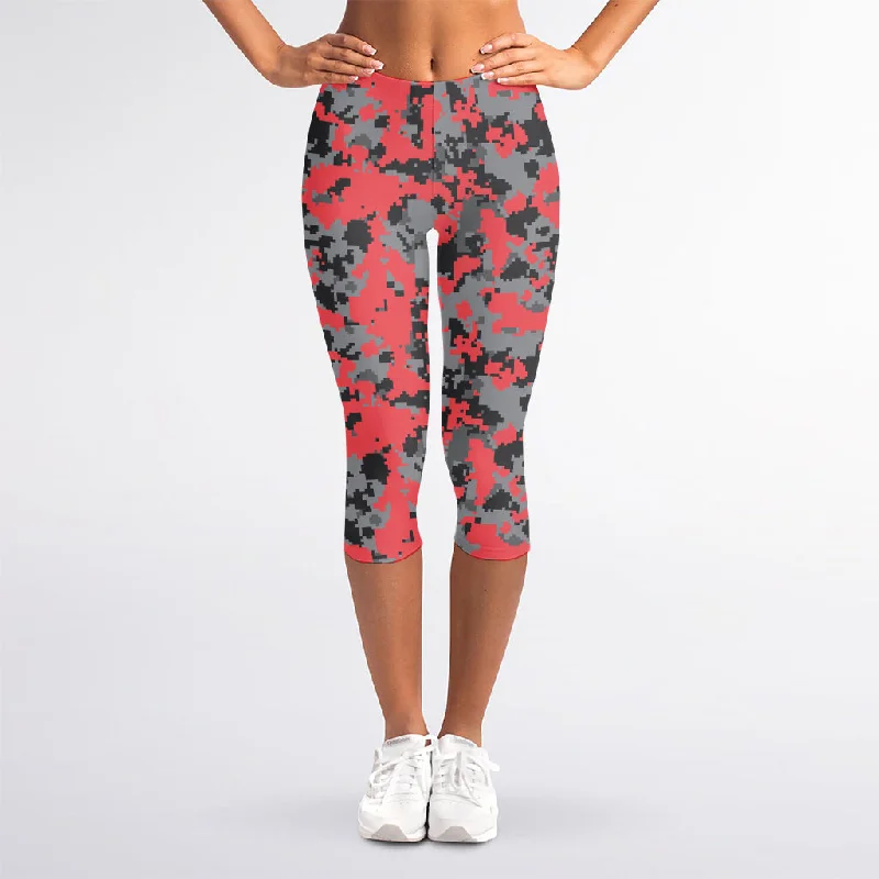 Red And Grey Digital Camo Pattern Print Women's Capri Leggings Trendy Sports Performance Leggings Red And Grey Digital Camo Pattern Print Women's Capri Leggings Trendy Sports Performance Leggings