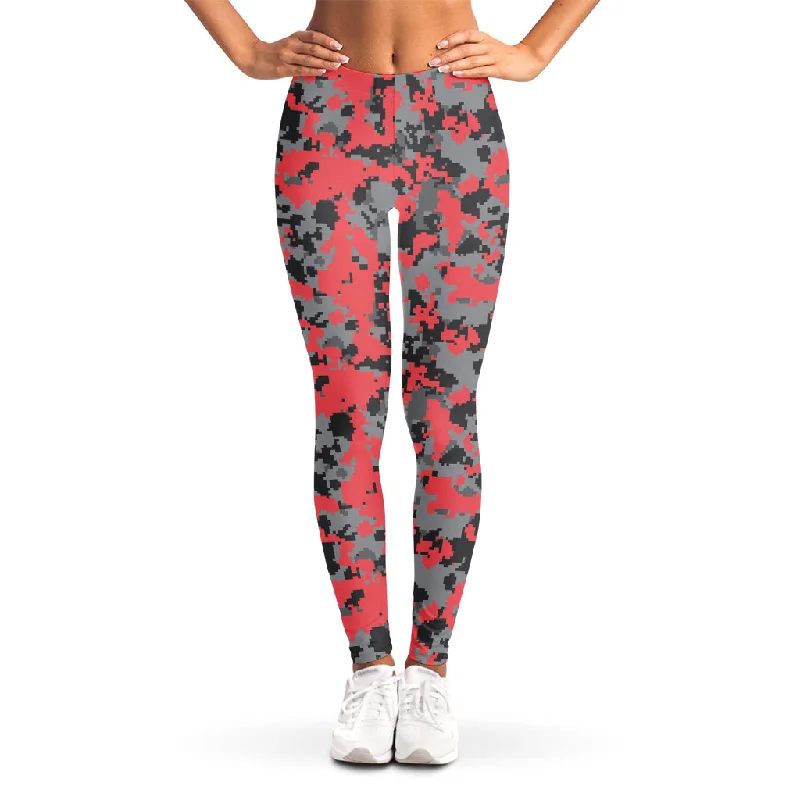 Red And Grey Digital Camo Pattern Print Women's Leggings Comfortable Tummy Shaping Leggings Red And Grey Digital Camo Pattern Print Women's Leggings Comfortable Tummy Shaping Leggings