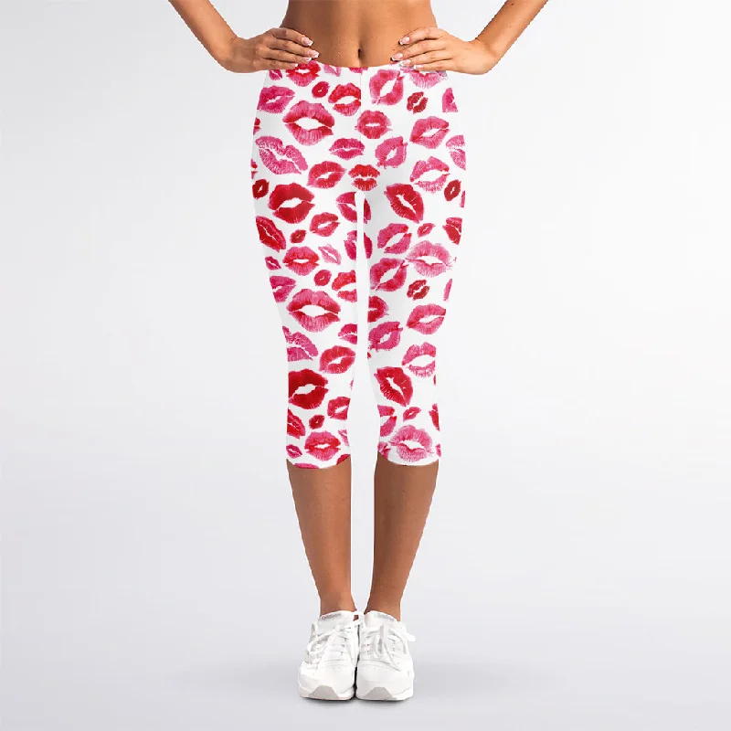 Red And Pink Lips Pattern Print Women's Capri Leggings Fashionable Tummy Control Leggings Red And Pink Lips Pattern Print Women's Capri Leggings Fashionable Tummy Control Leggings