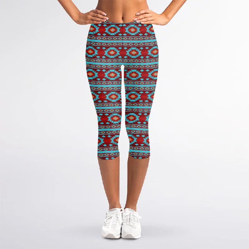 Red And Teal Southwestern Pattern Print Women's Capri Leggings Stylish Ankle-Length Leggings Red And Teal Southwestern Pattern Print Women's Capri Leggings Stylish Ankle-Length Leggings