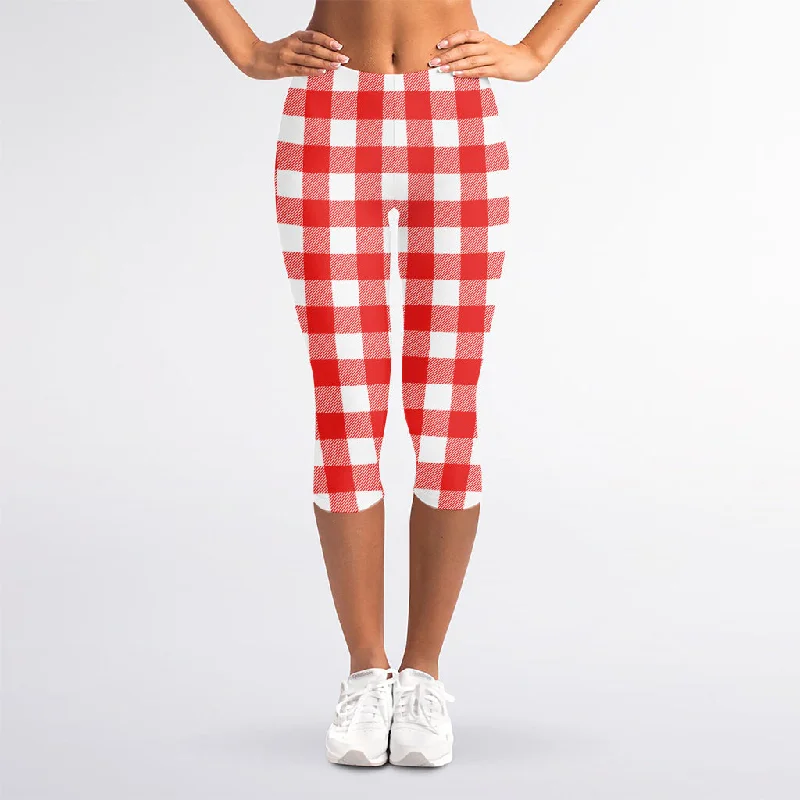 Red And White Buffalo Check Print Women's Capri Leggings Elegant Casual Fit Leggings Red And White Buffalo Check Print Women's Capri Leggings Elegant Casual Fit Leggings