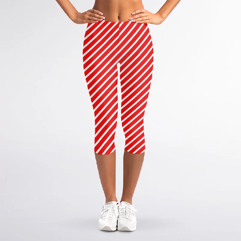 Red And White Candy Cane Pattern Print Women's Capri Leggings Fashionable Printed Leggings Red And White Candy Cane Pattern Print Women's Capri Leggings Fashionable Printed Leggings