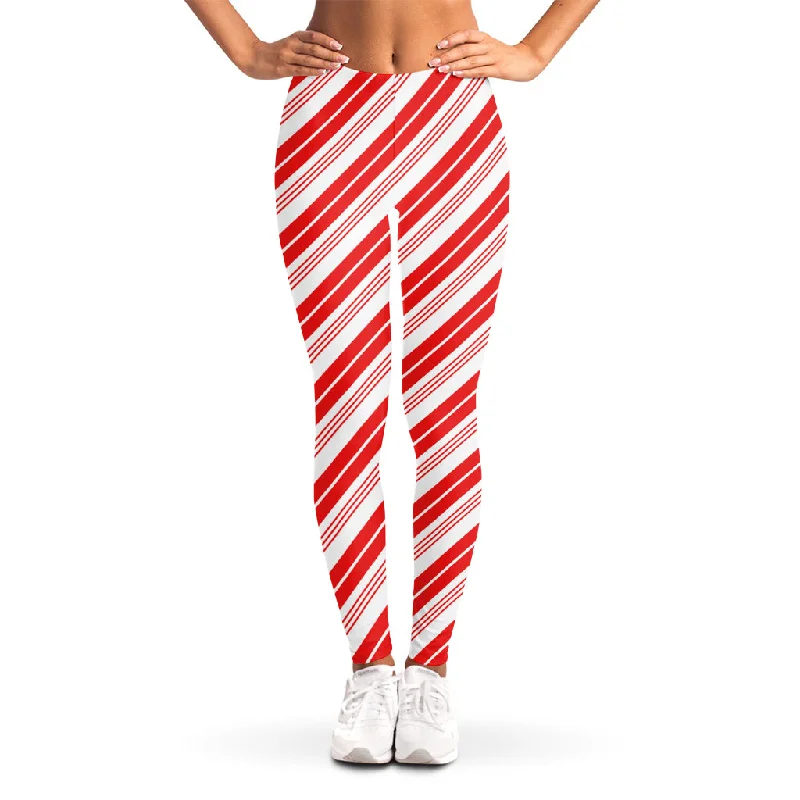 Red And White Candy Cane Stripe Print Women's Leggings Trendy Adjustable Waist Leggings Red And White Candy Cane Stripe Print Women's Leggings Trendy Adjustable Waist Leggings