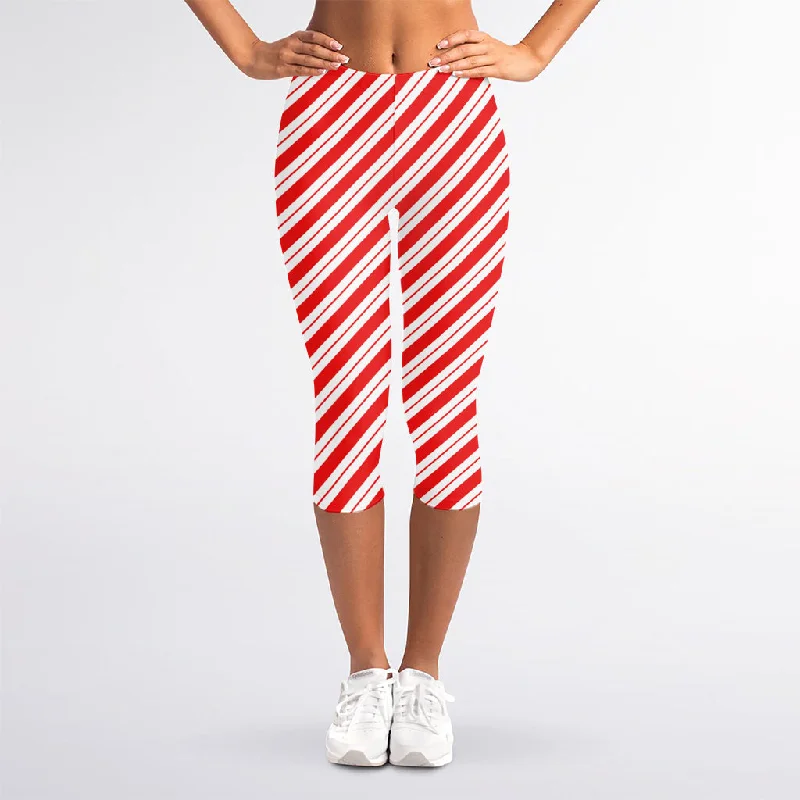 Red And White Candy Cane Stripes Print Women's Capri Leggings Casual Sporty Leggings Red And White Candy Cane Stripes Print Women's Capri Leggings Casual Sporty Leggings