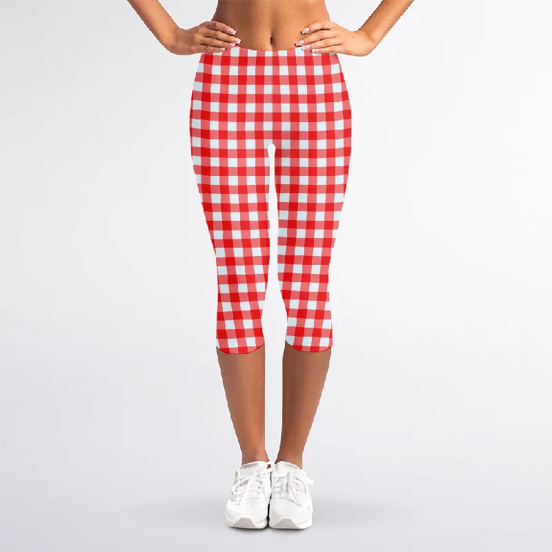 Red And White Check Pattern Print Women's Capri Leggings Stylish Lightweight Leggings Red And White Check Pattern Print Women's Capri Leggings Stylish Lightweight Leggings