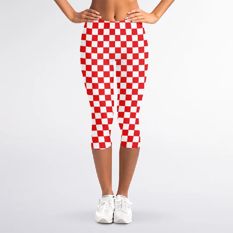 Red And White Checkered Pattern Print Women's Capri Leggings Fashionable Moisture-Wicking Leggings Red And White Checkered Pattern Print Women's Capri Leggings Fashionable Moisture-Wicking Leggings
