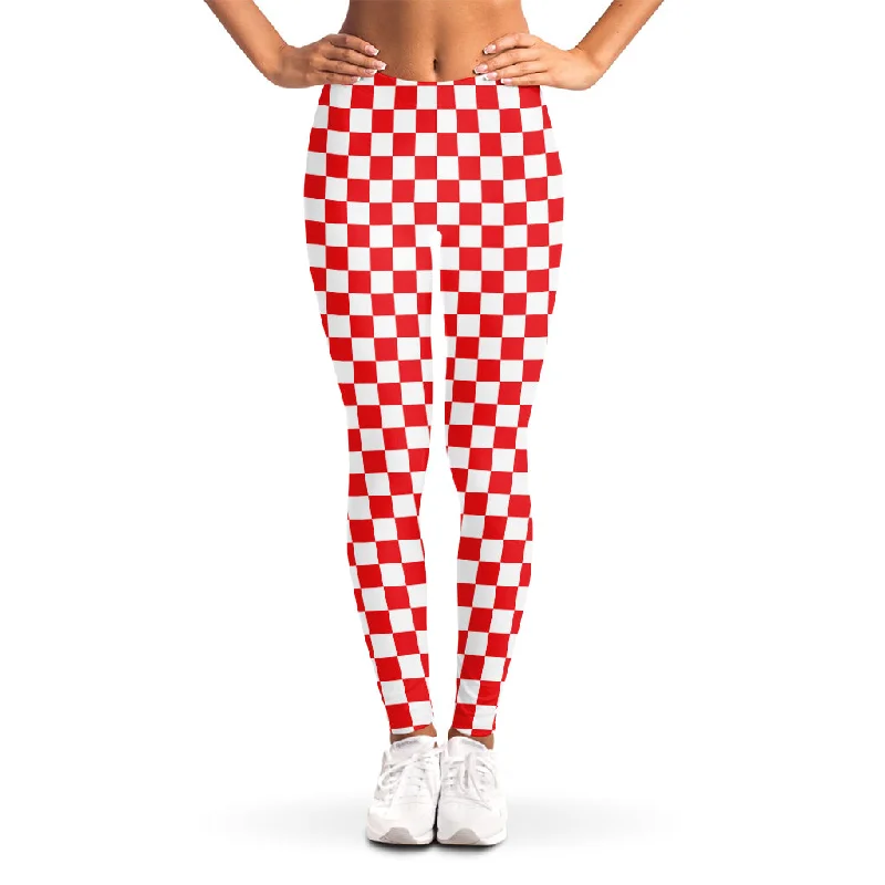 Red And White Checkered Pattern Print Women's Leggings Comfortable Power Mesh Leggings Red And White Checkered Pattern Print Women's Leggings Comfortable Power Mesh Leggings