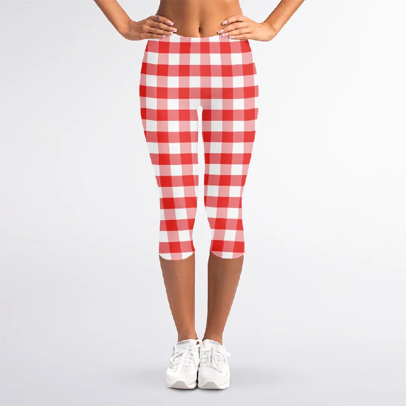 Red And White Gingham Pattern Print Women's Capri Leggings Comfortable Bootcut Workout Leggings Red And White Gingham Pattern Print Women's Capri Leggings Comfortable Bootcut Workout Leggings