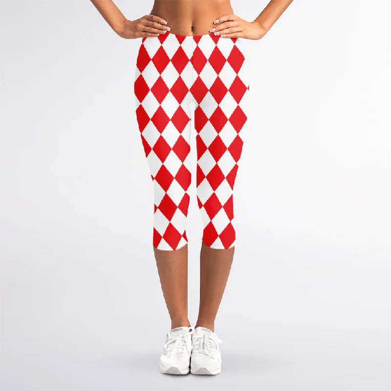 Red And White Harlequin Pattern Print Women's Capri Leggings Cozy Textured Workout Leggings Red And White Harlequin Pattern Print Women's Capri Leggings Cozy Textured Workout Leggings