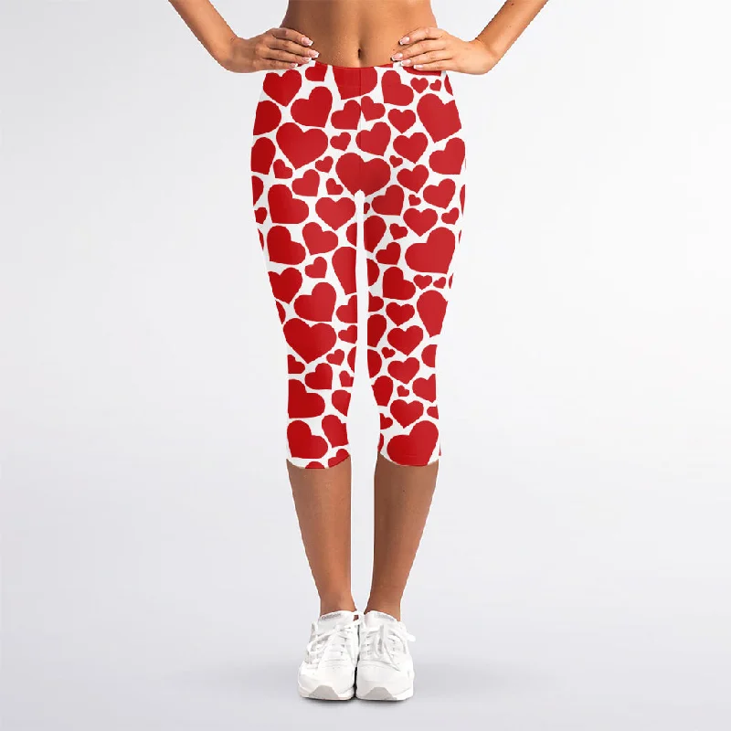 Red And White Heart Pattern Print Women's Capri Leggings Stylish Compression Fit Leggings Red And White Heart Pattern Print Women's Capri Leggings Stylish Compression Fit Leggings