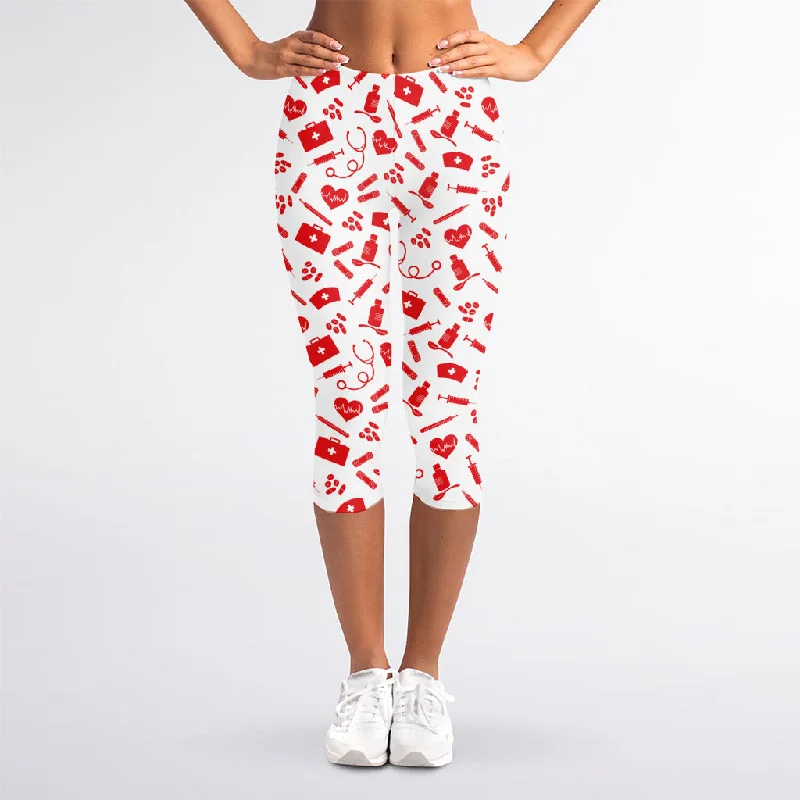 Red And White Nurse Pattern Print Women's Capri Leggings Fashionable Stretchy Fit Leggings Red And White Nurse Pattern Print Women's Capri Leggings Fashionable Stretchy Fit Leggings