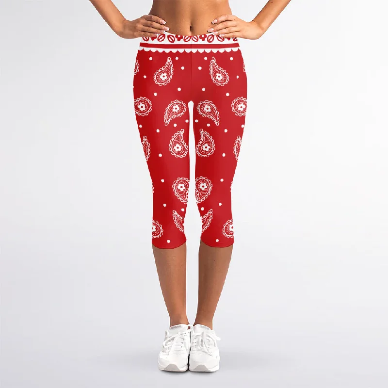Red And White Paisley Bandana Print Women's Capri Leggings Trendy Seamless Sports Leggings Red And White Paisley Bandana Print Women's Capri Leggings Trendy Seamless Sports Leggings