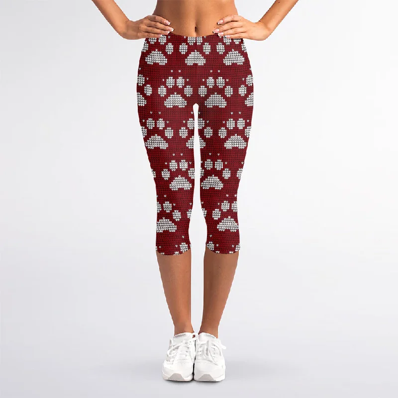 Red And White Paw Knitted Pattern Print Women's Capri Leggings Fashionable Ribbed Knit Leggings Red And White Paw Knitted Pattern Print Women's Capri Leggings Fashionable Ribbed Knit Leggings