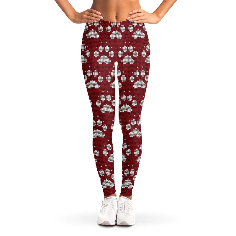Red And White Paw Knitted Pattern Print Women's Leggings Stylish Printed Stretch Leggings Red And White Paw Knitted Pattern Print Women's Leggings Stylish Printed Stretch Leggings