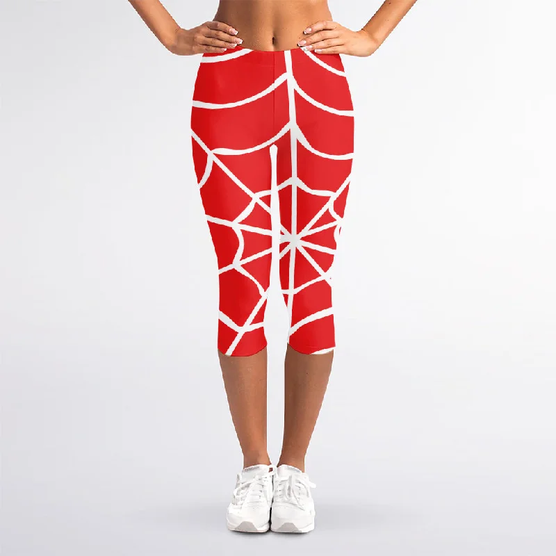 Red And White Spider Web Pattern Print Women's Capri Leggings Trendy Faux Suede Leggings Red And White Spider Web Pattern Print Women's Capri Leggings Trendy Faux Suede Leggings