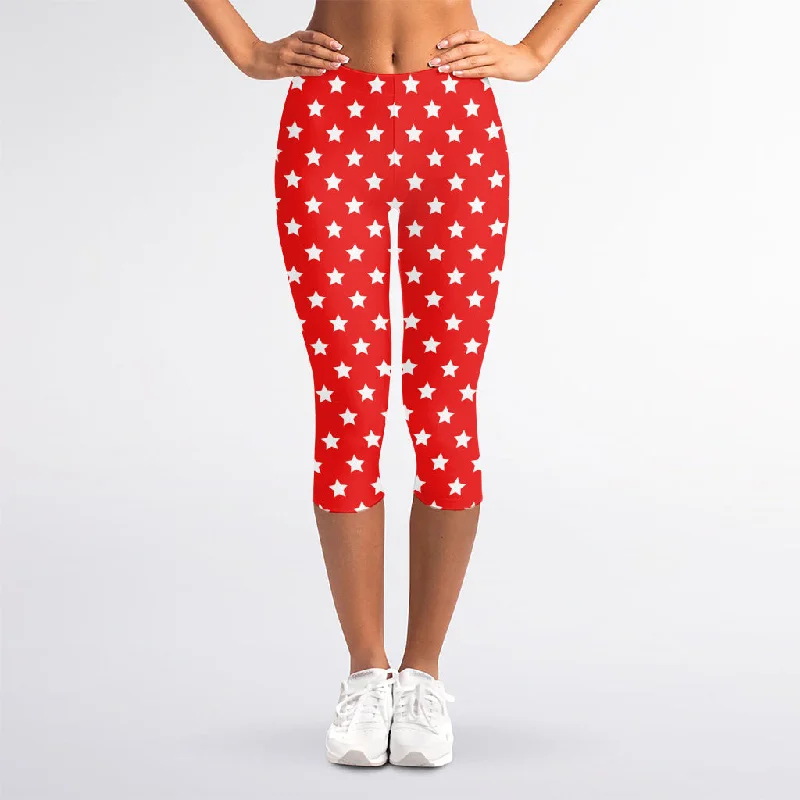 Red And White Star Pattern Print Women's Capri Leggings Fashionable Solid Color Tights Red And White Star Pattern Print Women's Capri Leggings Fashionable Solid Color Tights