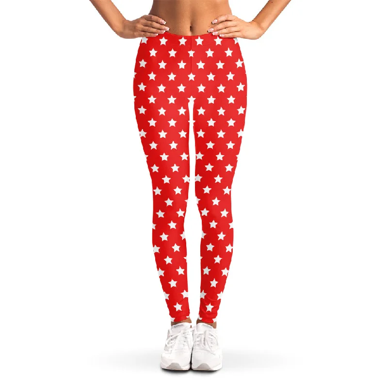 Red And White Star Pattern Print Women's Leggings Trendy Sports Performance Leggings Red And White Star Pattern Print Women's Leggings Trendy Sports Performance Leggings