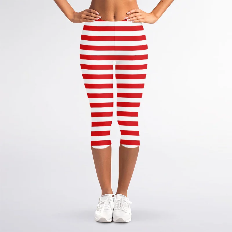 Red And White Striped Pattern Print Women's Capri Leggings Elegant Animal Print Leggings Red And White Striped Pattern Print Women's Capri Leggings Elegant Animal Print Leggings