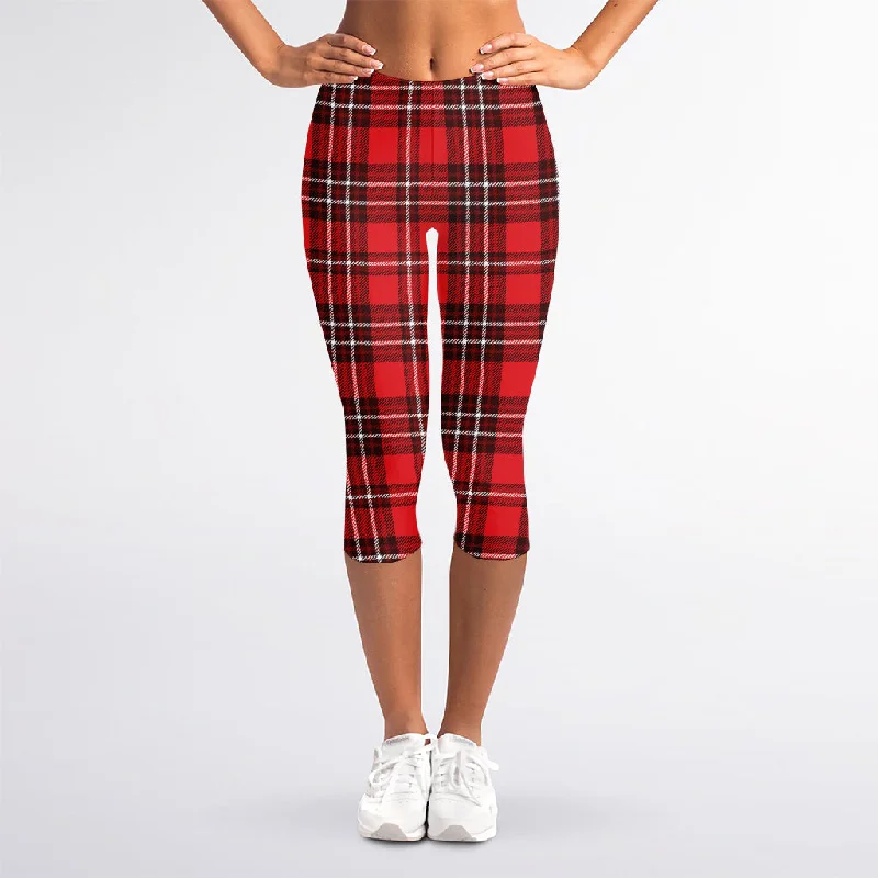 Red And White Tartan Pattern Print Women's Capri Leggings Comfortable Tummy Shaping Leggings Red And White Tartan Pattern Print Women's Capri Leggings Comfortable Tummy Shaping Leggings