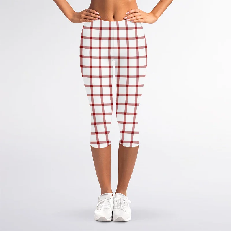 Red And White Tattersall Pattern Print Women's Capri Leggings Fashionable High-Rise Workout Leggings Red And White Tattersall Pattern Print Women's Capri Leggings Fashionable High-Rise Workout Leggings