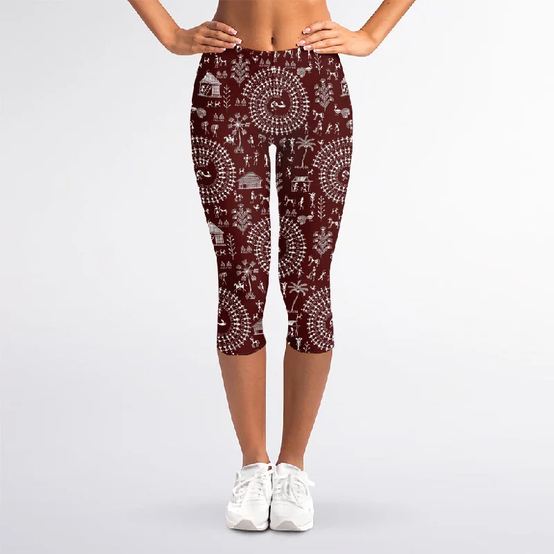 Red And White Warli Tribal Print Women's Capri Leggings Stylish Sweat-Proof Leggings Red And White Warli Tribal Print Women's Capri Leggings Stylish Sweat-Proof Leggings
